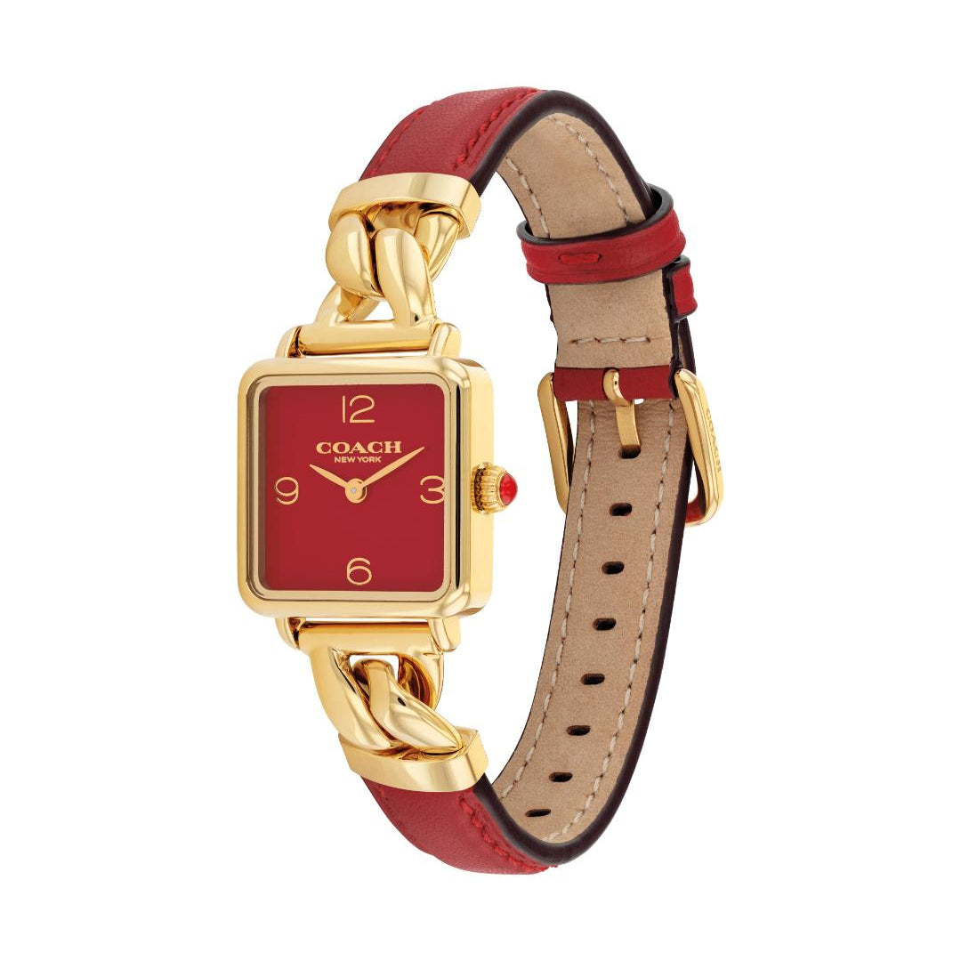 A Coach women's watch with a square gold-tone case, a red dial, and a red leather strap with gold-tone chain links and a beige interior lining, shown on a plain white background.