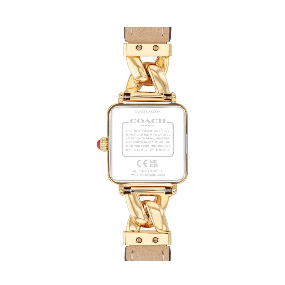 The back view of a Coach women's watch featuring a gold-tone case, a chunky gold-tone chain link bracelet, and a light beige leather strap, shown on a plain white background.