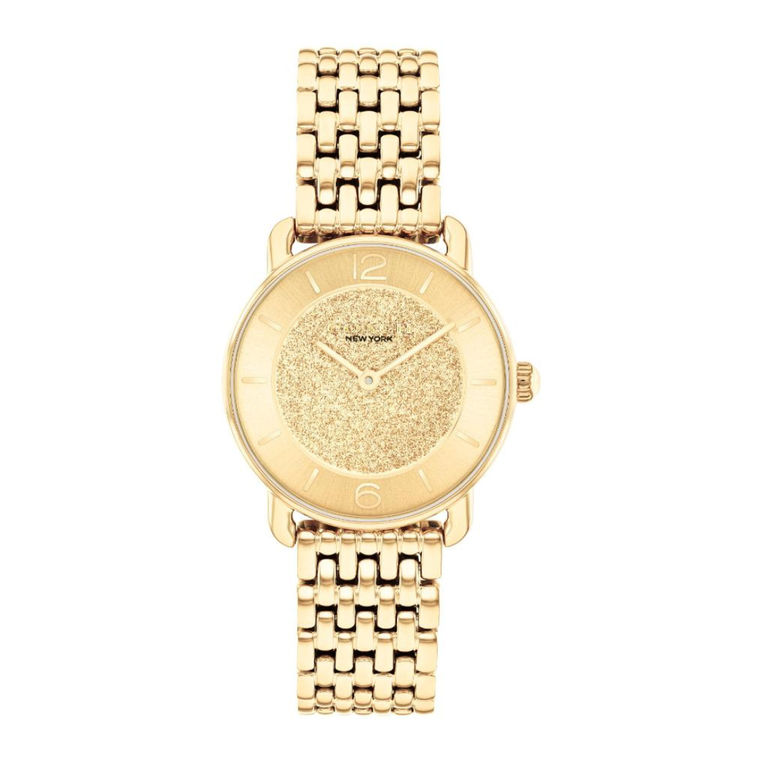 A gold-tone women's analog watch with a textured glittery gold dial, gold bezel, and a matching gold link bracelet, shown against a plain white background.
