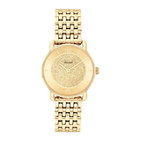 A gold-tone women's analog watch with a textured glittery gold dial, gold bezel, and a matching gold link bracelet, shown against a plain white background.