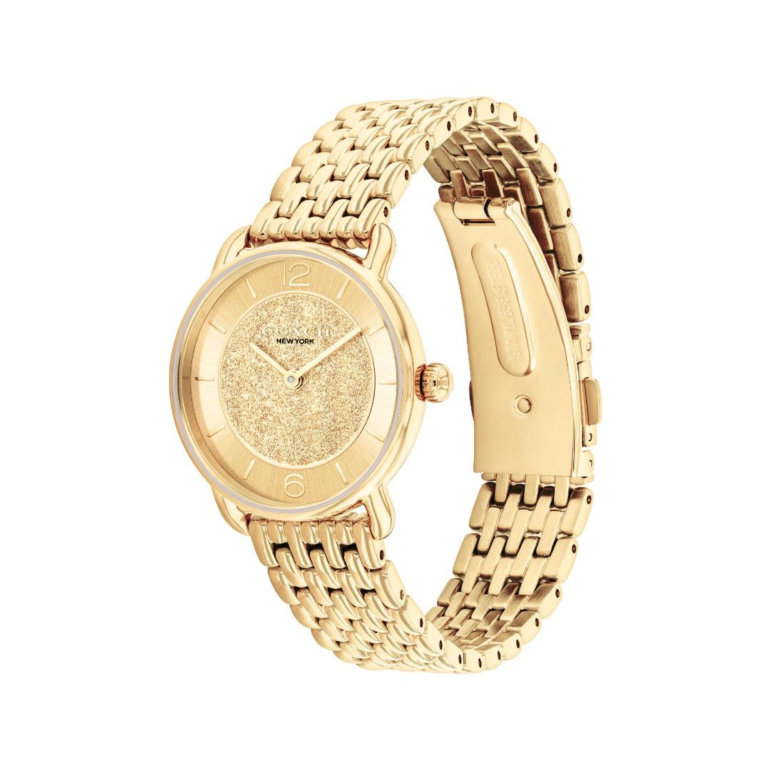 A gold-tone analog watch with a textured dial and a matching metal link bracelet, shown on a plain white background.