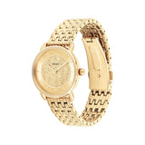 A gold-tone analog watch with a textured dial and a matching metal link bracelet, shown on a plain white background.