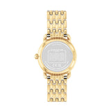Gold-tone Coach women's watch shown from the back, featuring a round case and a linked metal bracelet on a plain white background.
