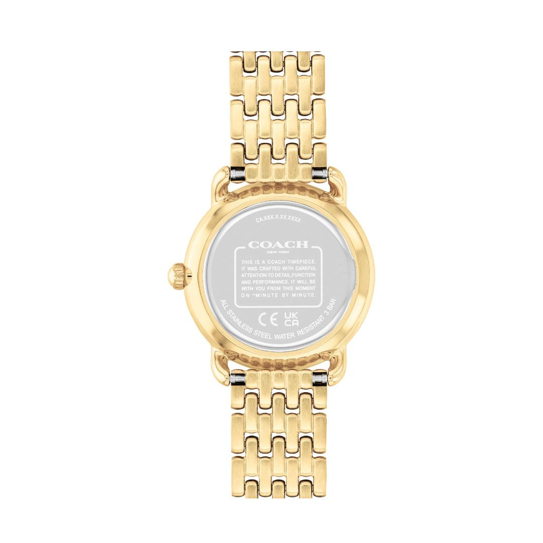 Gold-tone Coach women's watch shown from the back, featuring a round case and a linked metal bracelet on a plain white background.