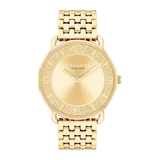 A Coach New York women's watch featuring a gold-tone metal link bracelet, a textured glittery gold dial, and gold-tone Arabic numeral hour markers.