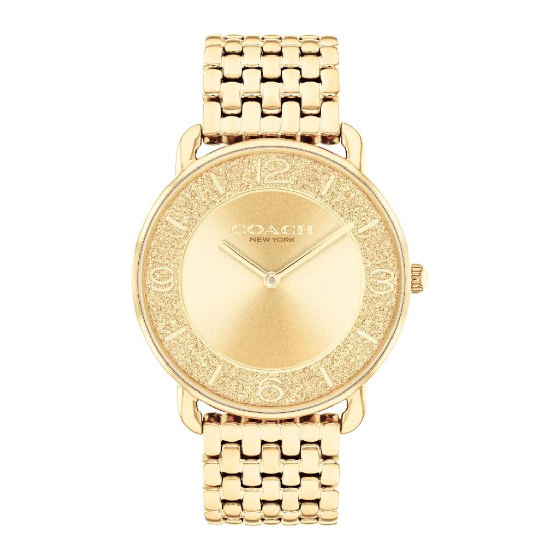 A Coach New York women's watch featuring a gold-tone metal link bracelet, a textured glittery gold dial, and gold-tone Arabic numeral hour markers.