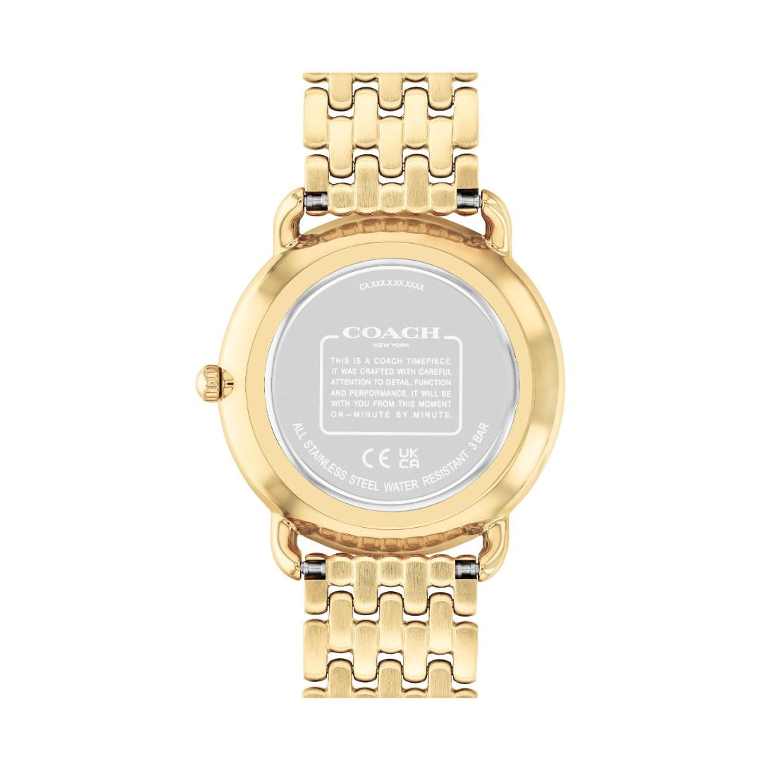 Gold-tone Coach wristwatch shown from the back, featuring a round case and matching metal link bracelet on a plain white background.