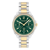 Coach watch with green face and two-tone metal strap on white background