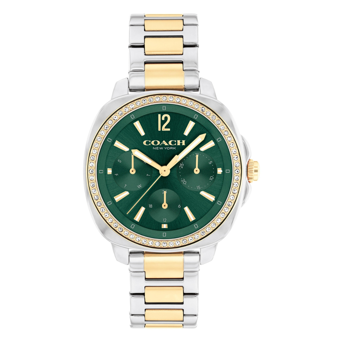 Coach watch with green face and two-tone metal strap on white background