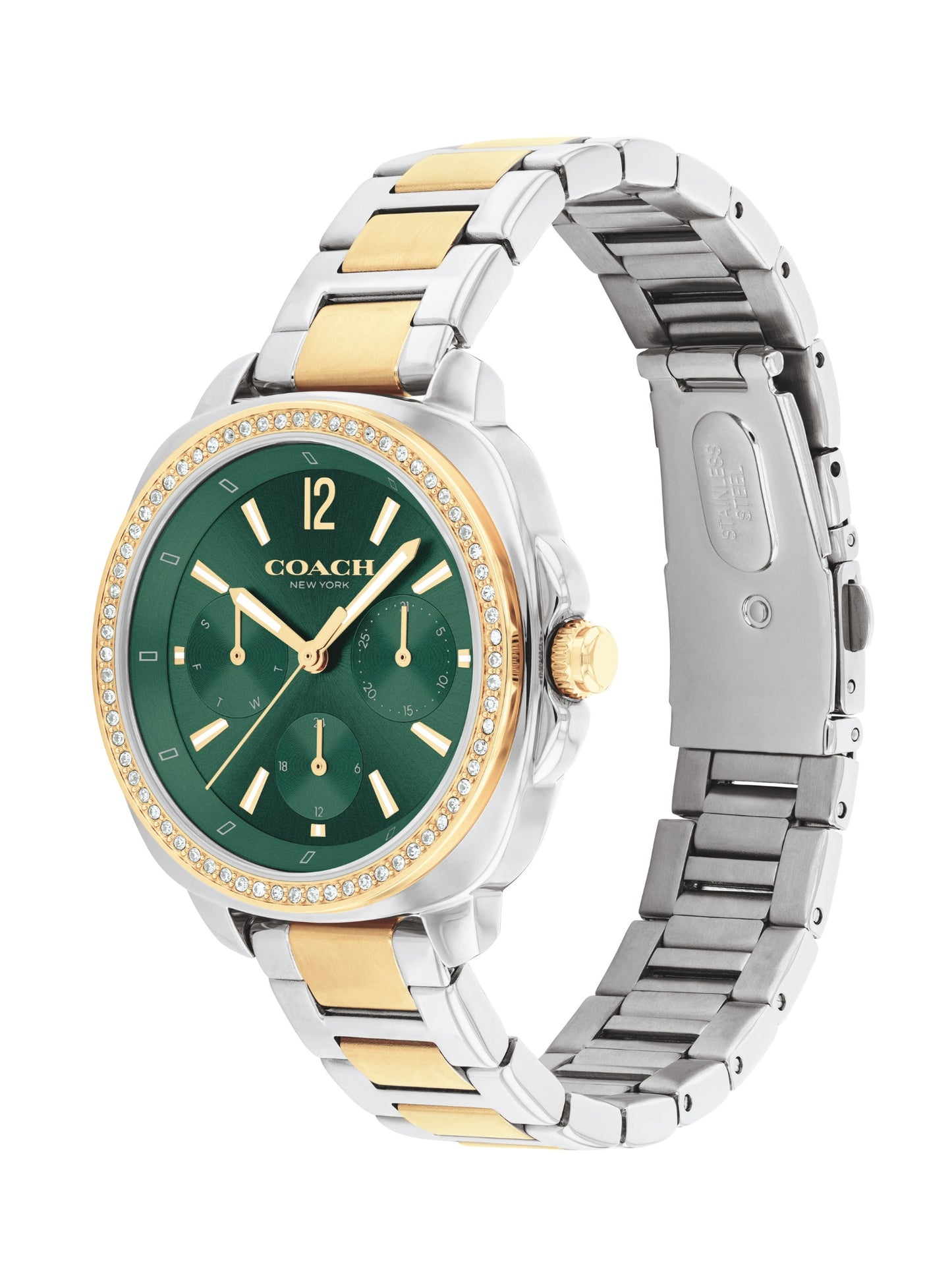 Coach watch with green face, gold accents, and two-tone metal band on white background