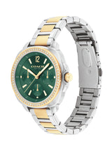 Coach watch with green face, gold accents, and two-tone metal band on white background
