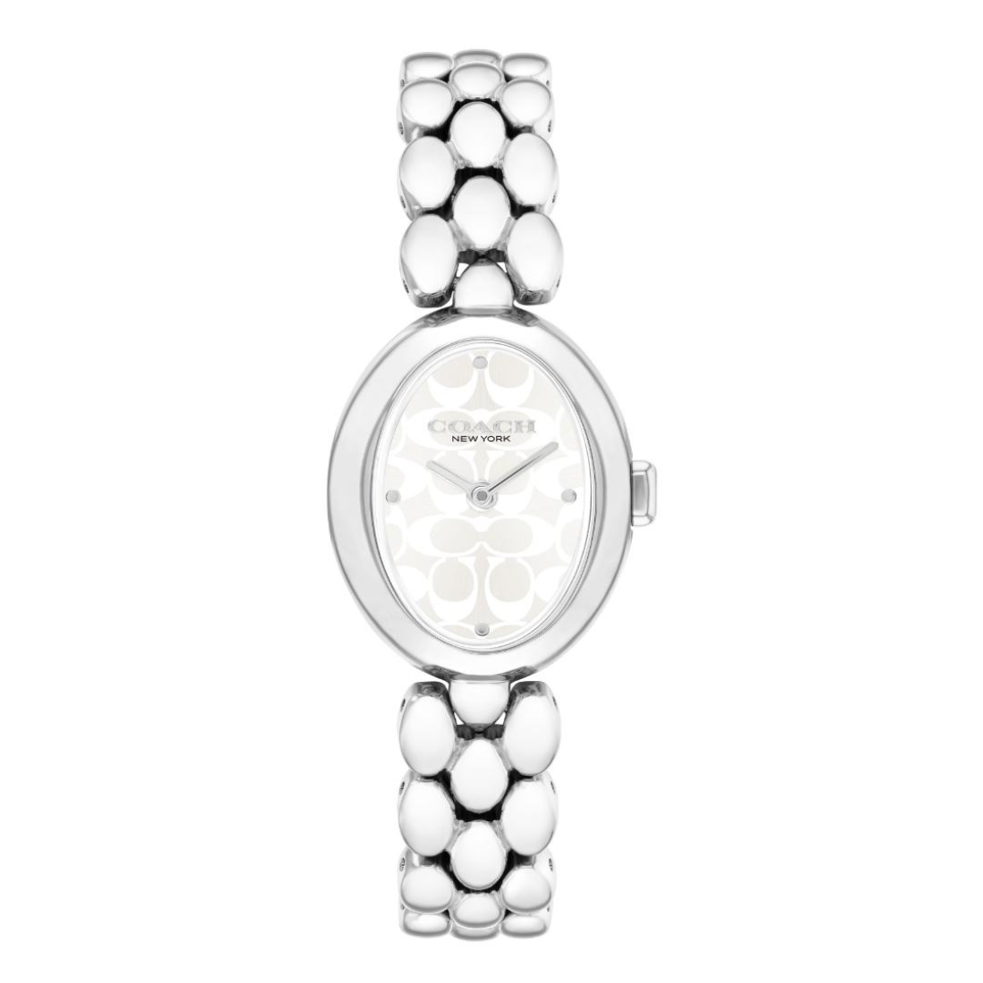 A Coach New York women's watch featuring an oval silver-tone case, a white dial with a subtle floral monogram pattern, and a matching silver-tone link bracelet with a distinctive textured, raised oval design. Coach Sammy White Oval 22.5 mm Dial Women Analog Watch 14504416