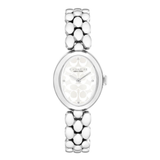A Coach New York women's watch featuring an oval silver-tone case, a white dial with a subtle floral monogram pattern, and a matching silver-tone link bracelet with a distinctive textured, raised oval design. Coach Sammy White Oval 22.5 mm Dial Women Analog Watch 14504416