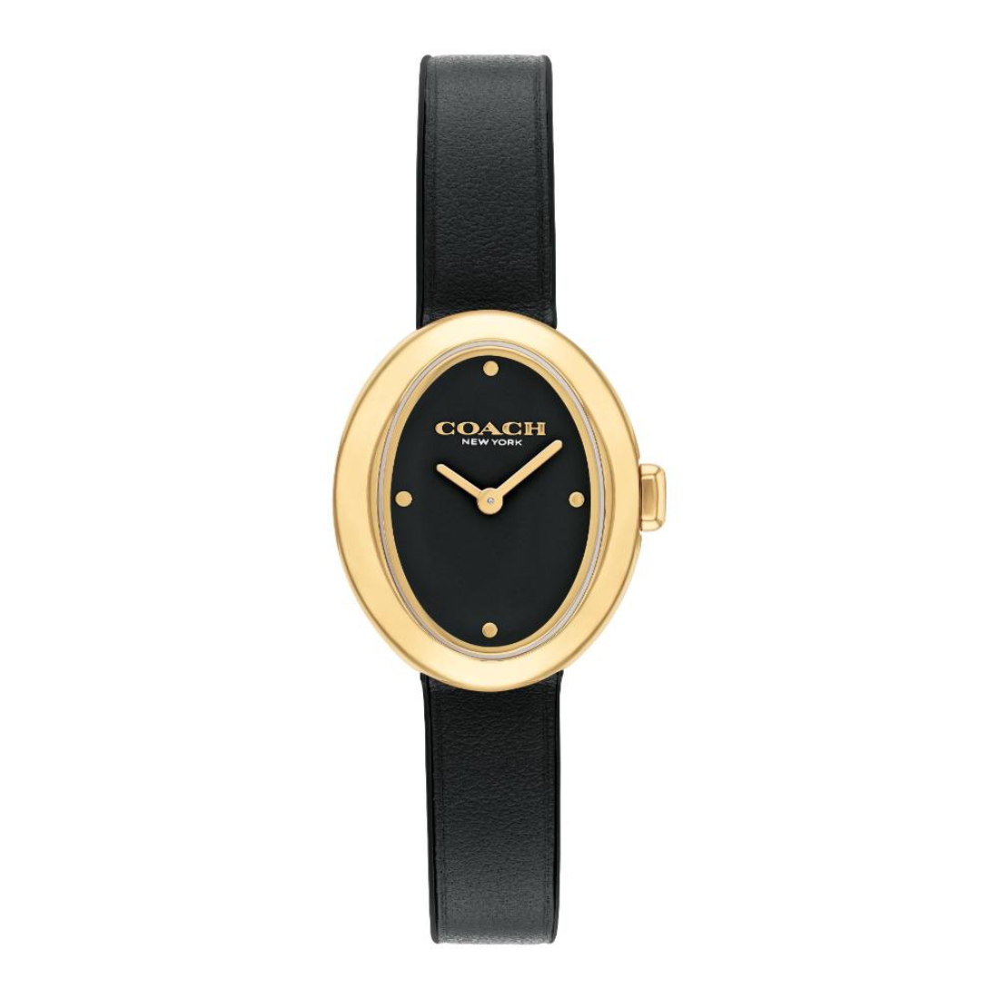 A Coach New York women's watch featuring a black dial, gold-tone oval bezel, and a black leather strap, shown against a plain white background.