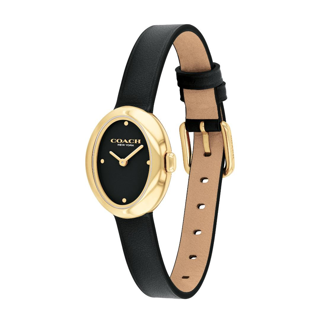 A Coach women's watch with a black leather strap, black dial, and gold-tone case and hardware, shown on a plain white background.