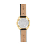 Back view of a Coach wristwatch with a gold-tone case and a tan leather strap featuring black branding and text.