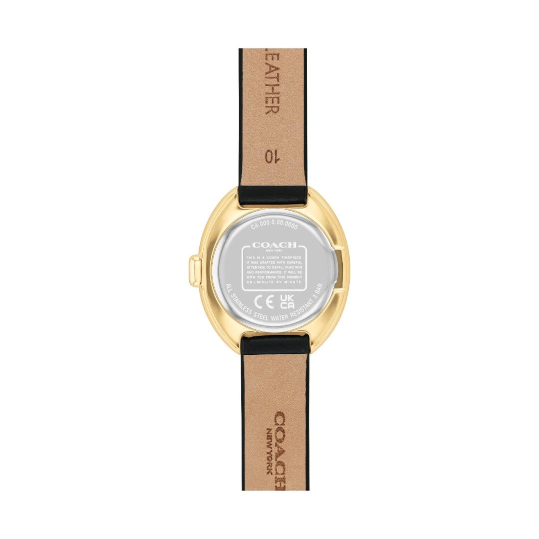 Back view of a Coach wristwatch with a gold-tone case and a tan leather strap featuring black branding and text.