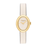 A Coach women's watch featuring an oval gold-tone case, a white dial with gold-tone hands and markers, and a slim white leather strap with a thin black center stripe.
