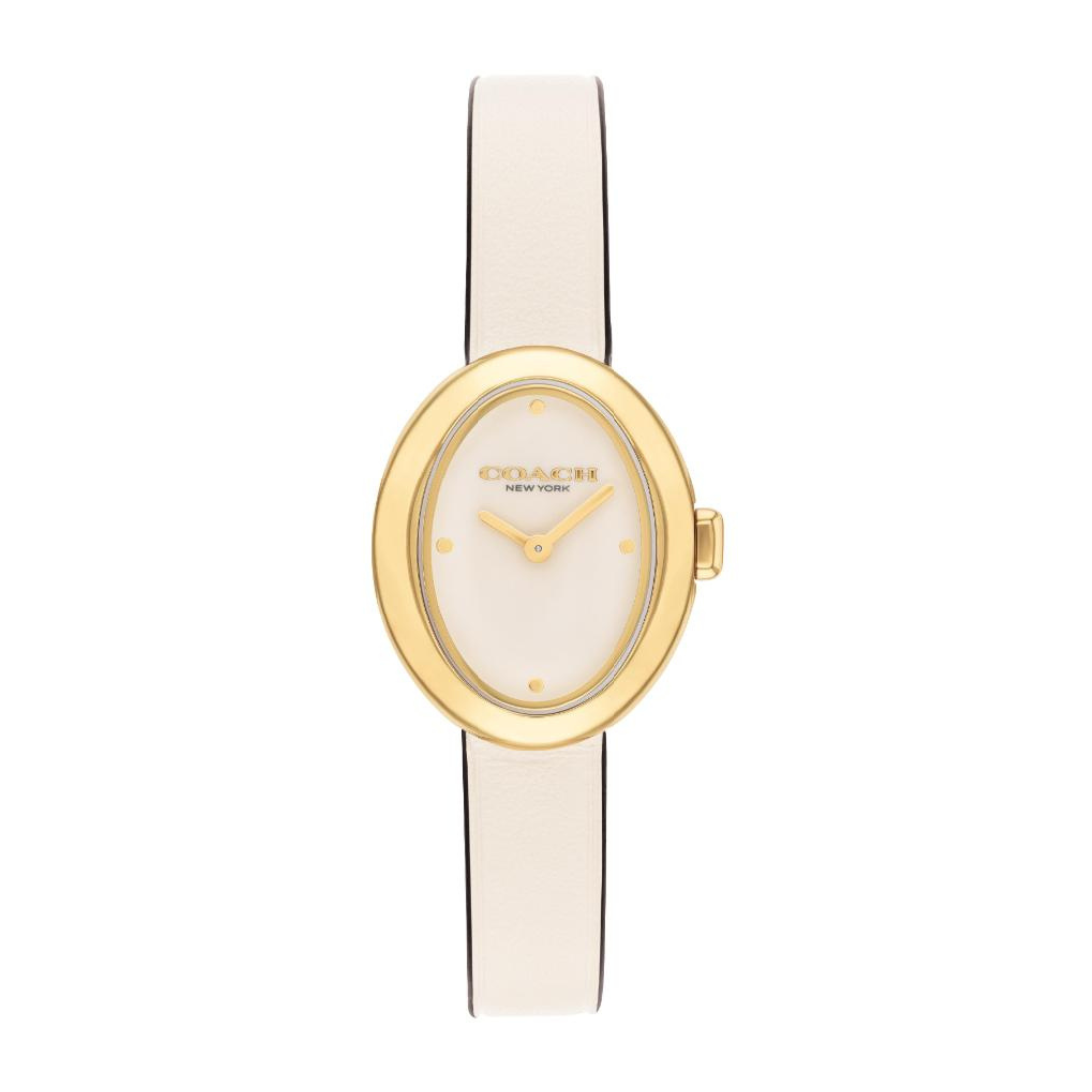 A Coach women's watch featuring an oval gold-tone case, a white dial with gold-tone hands and markers, and a slim white leather strap with a thin black center stripe.