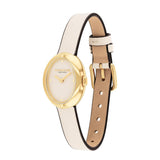 A Coach women's watch featuring an oval gold-tone case, a white dial, and a dual-tone leather strap with a cream outer edge and tan inner lining, shown on a plain white background.