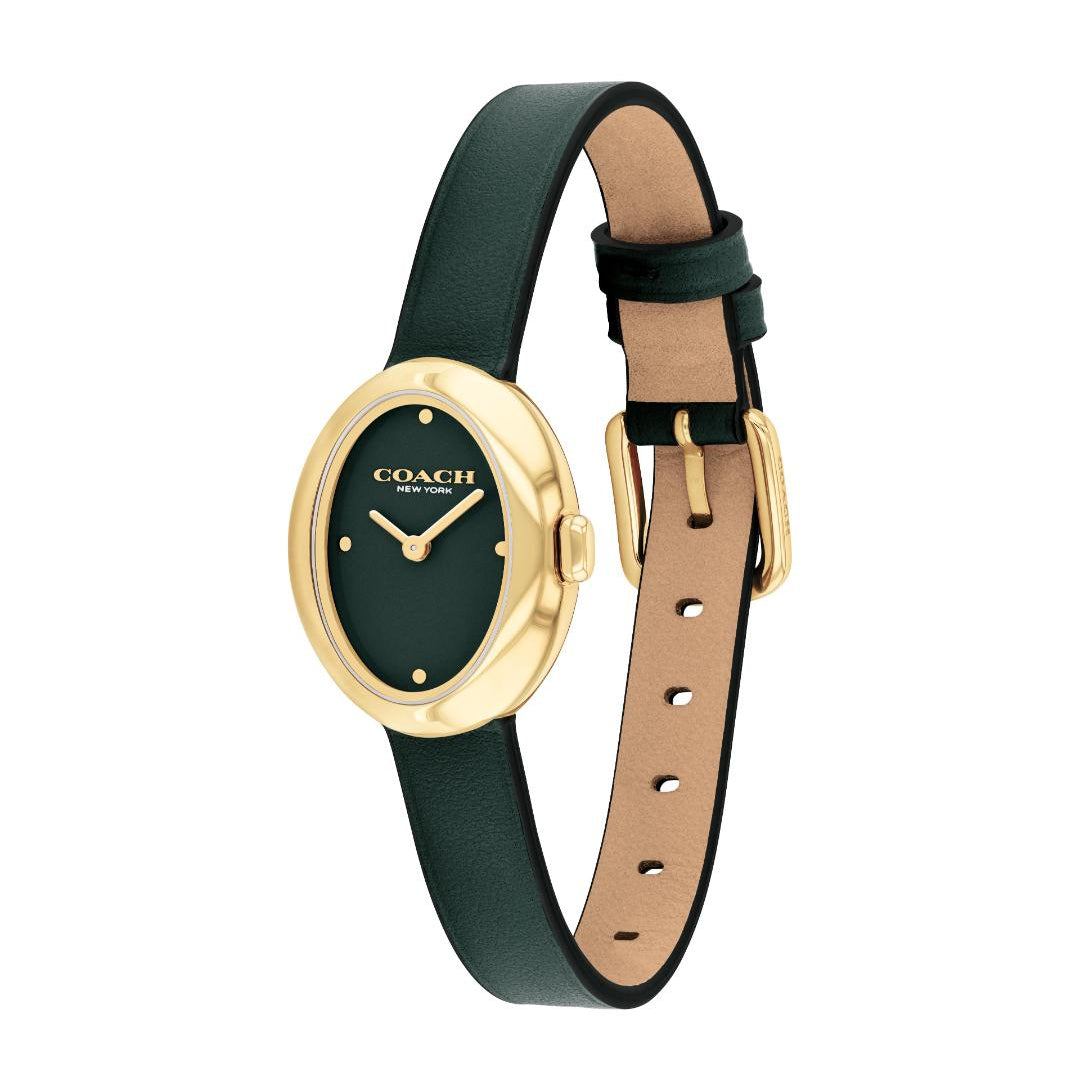 A Coach women's watch with a black leather strap, black dial, and gold-tone case and hardware, shown on a plain white background.
