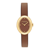 A Coach women's wristwatch featuring a brown leather strap, a brown dial with gold-tone hands and markers, and a gold-tone oval bezel.
