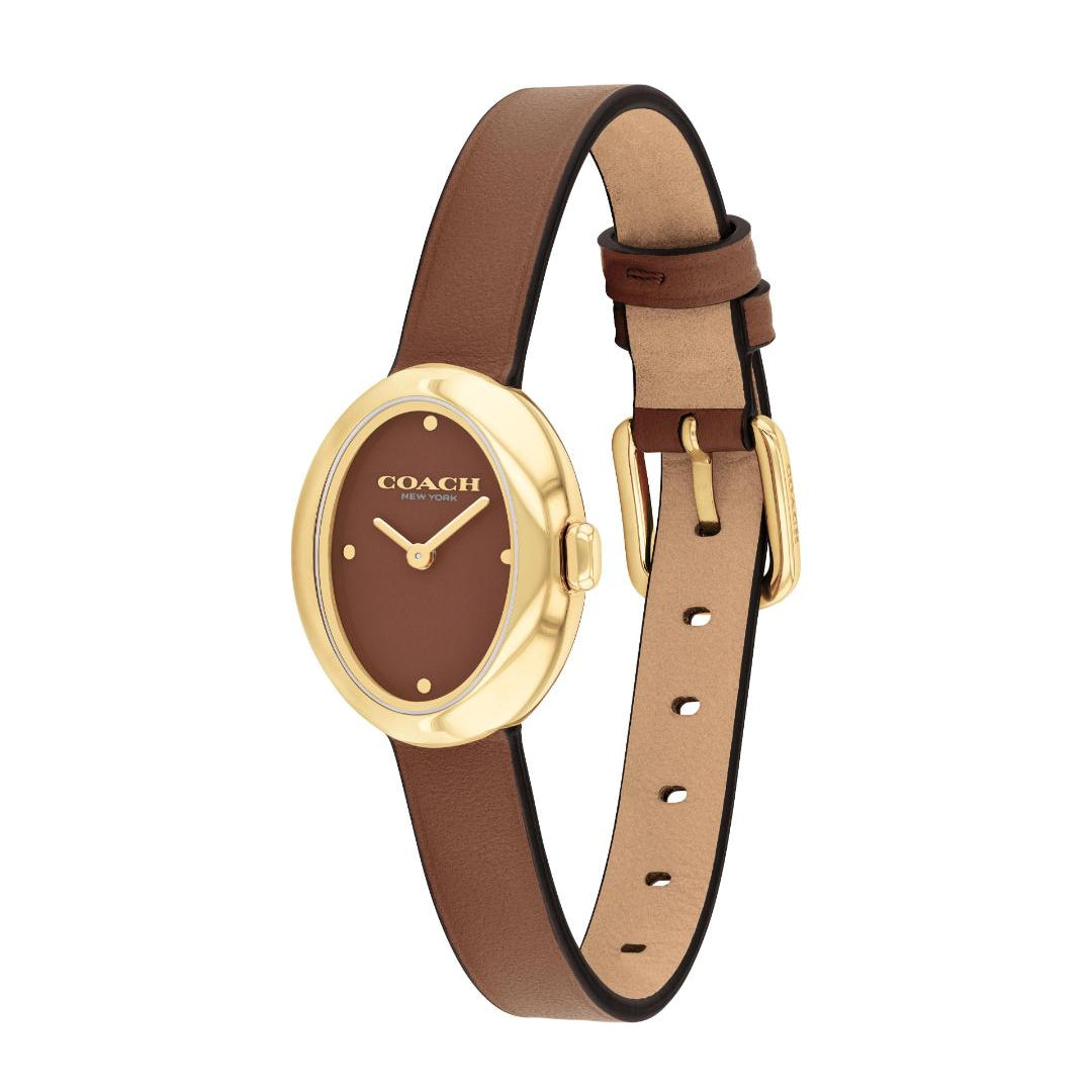 A Coach women's watch with a brown leather strap, matching brown dial, and gold-tone case and hardware, shown on a plain white background.