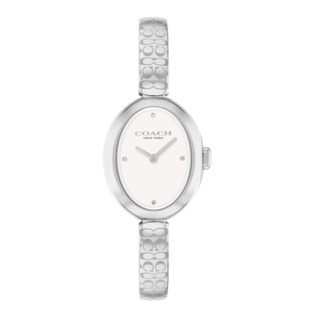 A Coach New York women's watch featuring an oval silver-tone case, a white dial with silver hands and markers, and a silver-tone bracelet with an embossed signature 'C' pattern, shown against a plain white background.