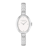 A Coach New York women's watch featuring an oval silver-tone case, a white dial with silver hands and markers, and a silver-tone bracelet with an embossed signature 'C' pattern, shown against a plain white background.