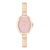 Rose gold watch with a pink face on a white background