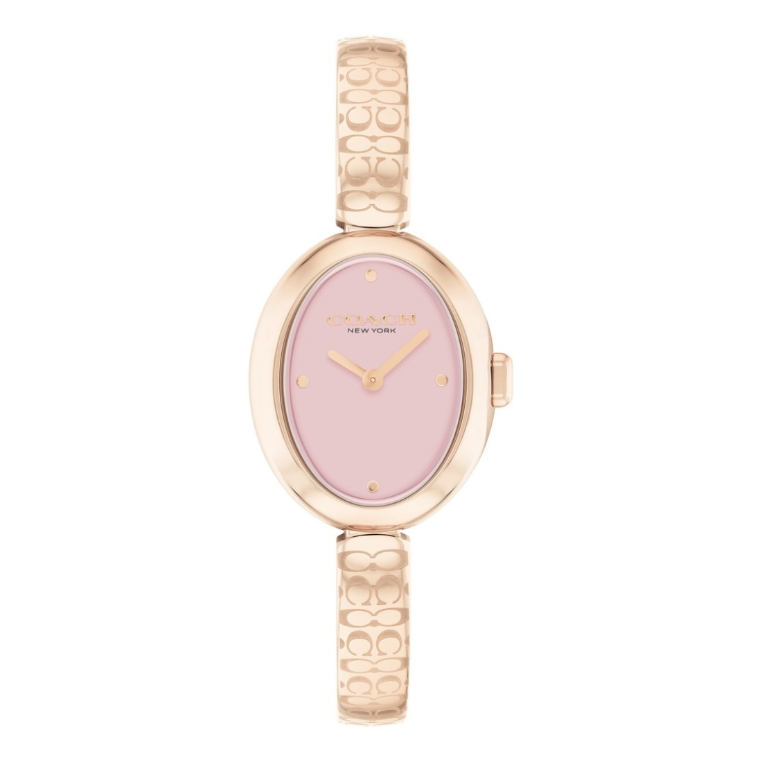 Rose gold watch with a pink face on a white background