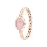 Rose gold watch with a pink face on a white background