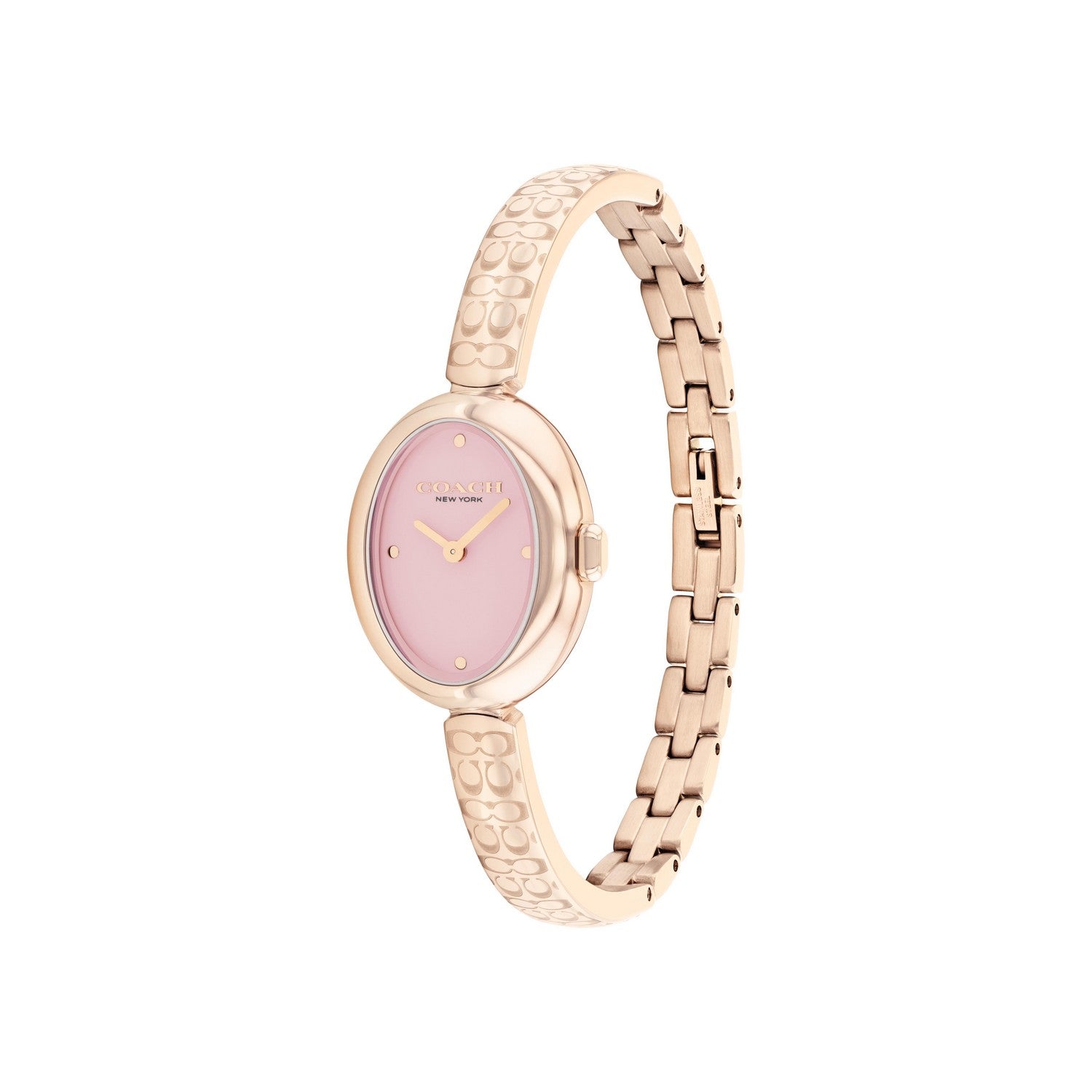 Rose gold watch with a pink face on a white background