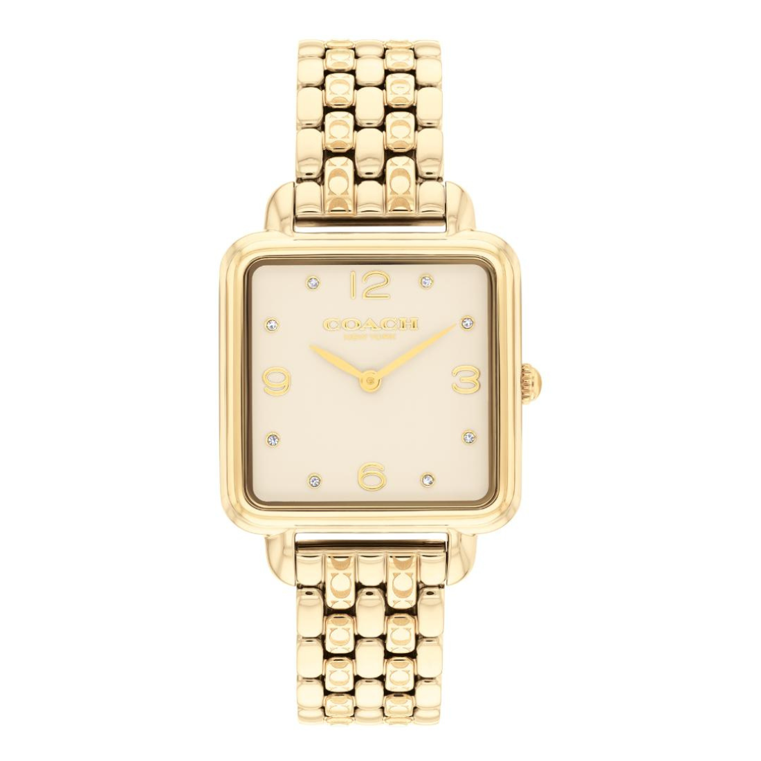 A gold-tone Coach women's watch with a square bezel, cream-colored dial, and a matching gold-tone link bracelet, shown against a plain white background.