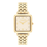 A gold-tone Coach women's watch with a square bezel, cream-colored dial, and a matching gold-tone link bracelet, shown against a plain white background.
