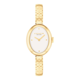 A Coach New York women's watch featuring an oval gold-tone case, a white dial with gold-tone hands and markers, and a gold-tone link bracelet with a repeating monogram pattern, shown against a plain white background.