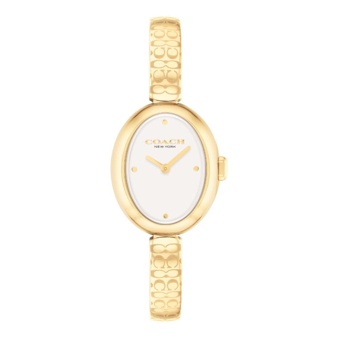 A Coach New York women's watch featuring an oval gold-tone case, a white dial with gold-tone hands and markers, and a gold-tone link bracelet with a repeating monogram pattern, shown against a plain white background.