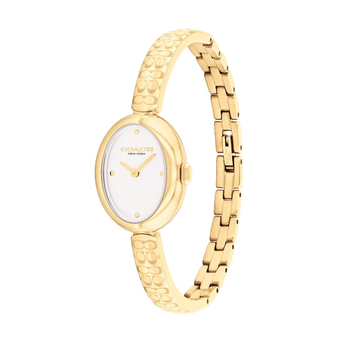 A gold-tone COACH watch with an oval white dial and a matching gold-tone bangle bracelet featuring a textured pattern, shown on a plain white background.