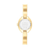 Gold-tone women's watch shown from the back, featuring a round case and a matching link bracelet on a plain white background.