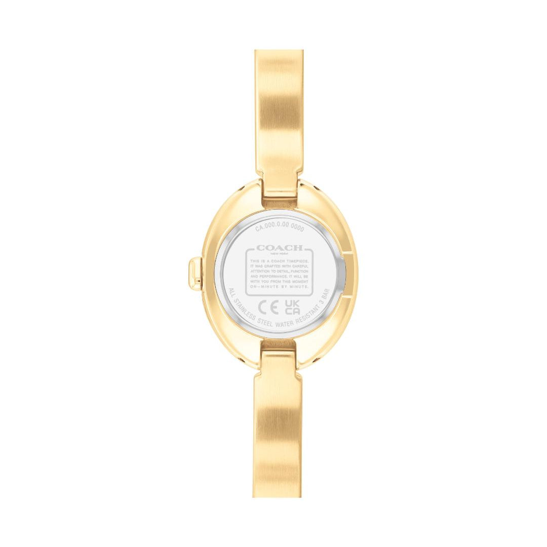 Gold-tone women's watch shown from the back, featuring a round case and a matching link bracelet on a plain white background.
