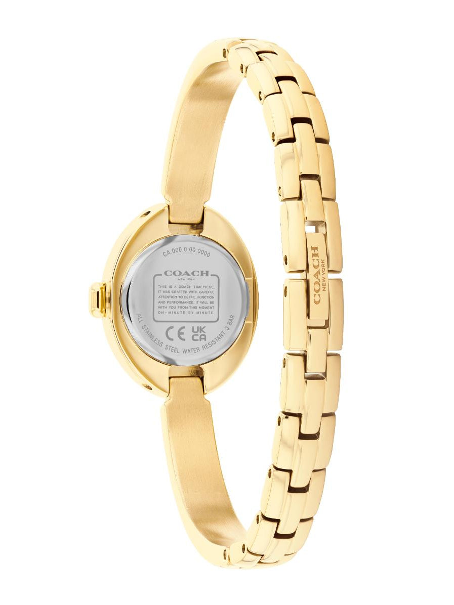 Gold-tone Coach women's watch shown from the back, featuring a round case and a linked metal bracelet on a plain white background.