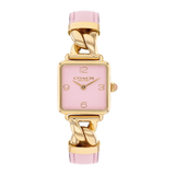 A Coach women's watch featuring a square pink dial, gold-tone case, and a chunky gold-tone chain link bracelet with a matching pink strap, shown against a plain white background.