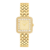 A gold-tone women's watch with a square bezel encrusted with clear crystals, featuring a matching gold-tone link bracelet and a clean dial with gold-tone hands.