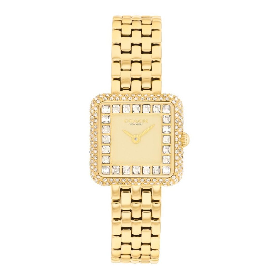 A gold-tone women's watch with a square bezel encrusted with clear crystals, featuring a matching gold-tone link bracelet and a clean dial with gold-tone hands.