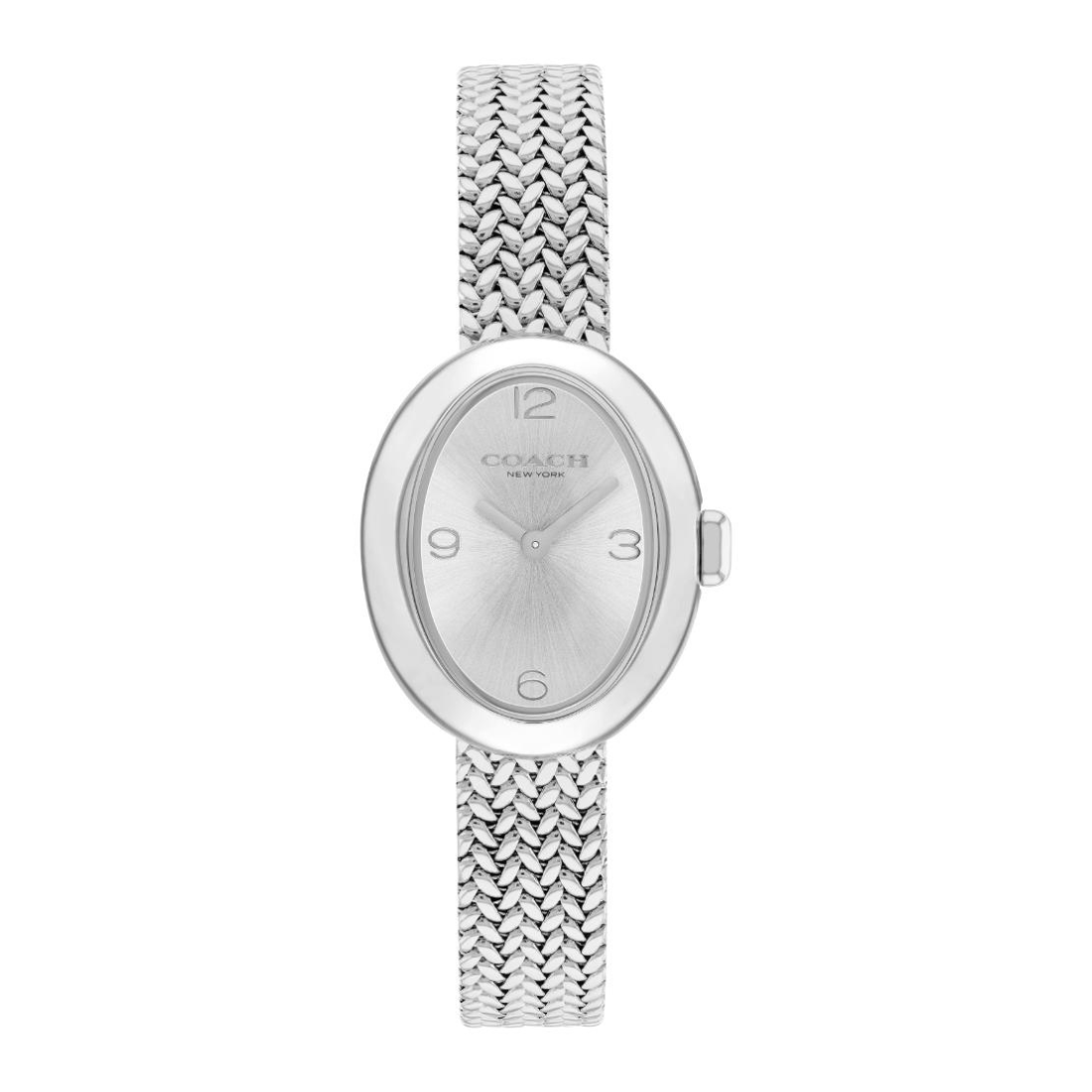 A silver-tone Coach women's watch with an oval silver dial, black Arabic numeral hour markers, and a textured mesh metal bracelet, shown against a plain white background.
