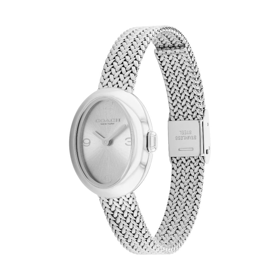 A silver-tone women's watch by Coach with a round silver dial and a textured mesh metal bracelet, shown on a plain white background.