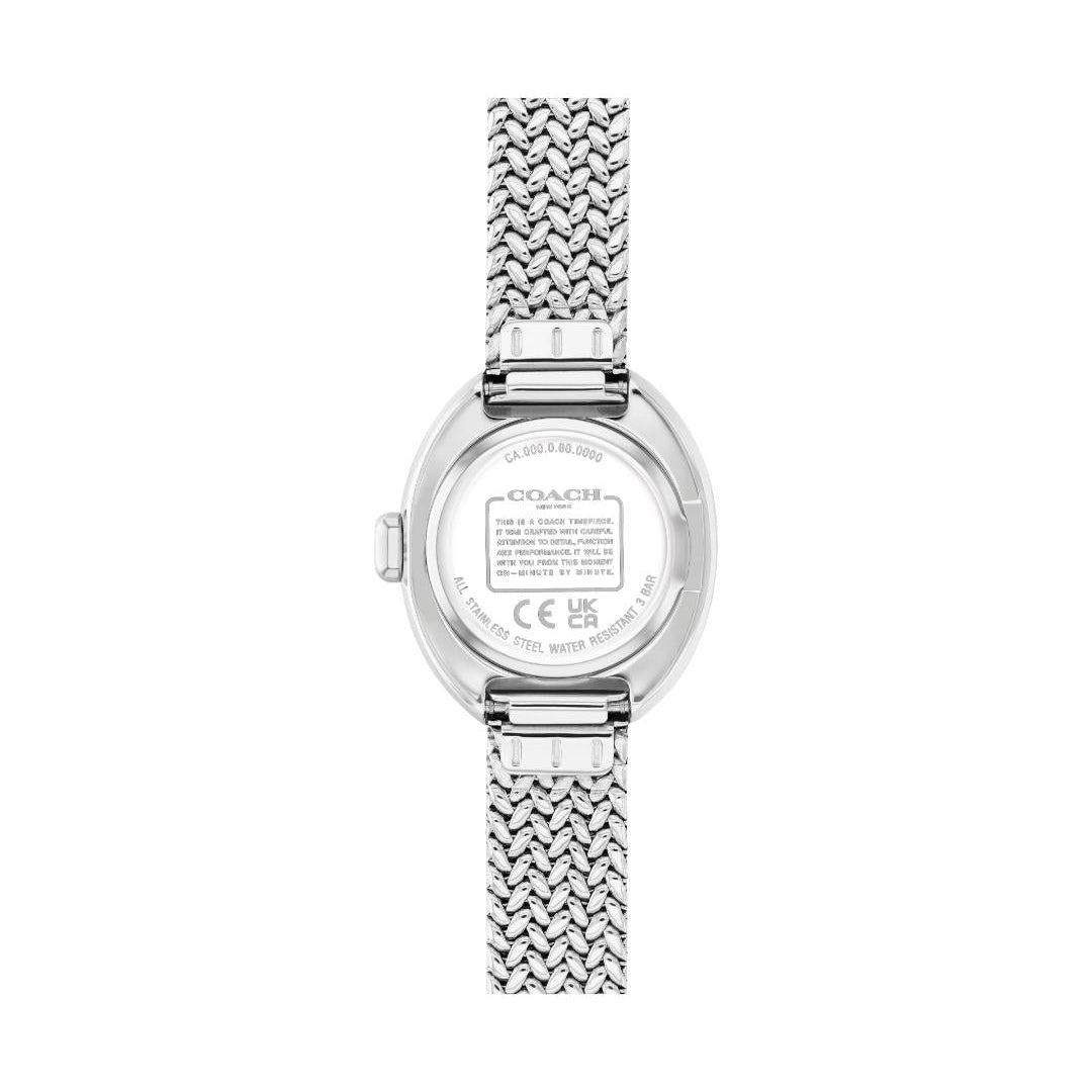 The back view of a Coach women's watch with a silver stainless steel case and a textured mesh strap, shown on a plain white background.