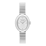 A Coach women's silver-tone oval watch with a white dial featuring the signature interlocking 'C' logo and a matching silver link bracelet, shown against a plain white background.