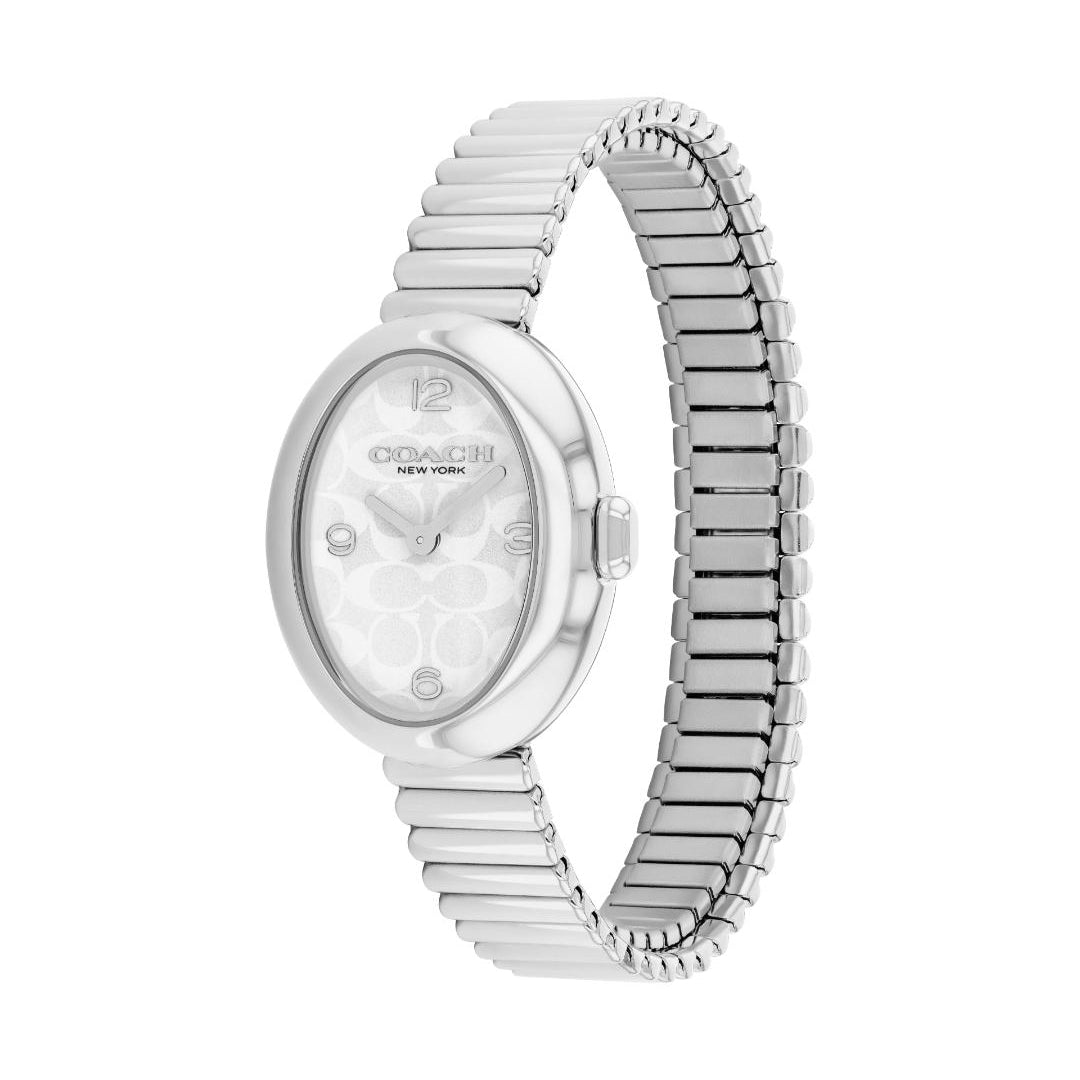A silver-tone women's analog watch with a matching metal link bracelet and a white dial, shown on a plain white background.