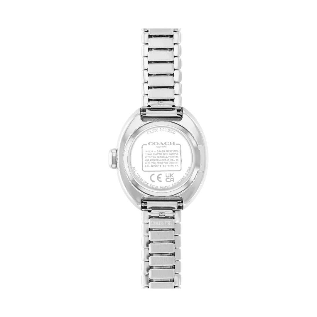 The back view of a Coach women's watch with a silver stainless steel case and link bracelet, shown on a plain white background.